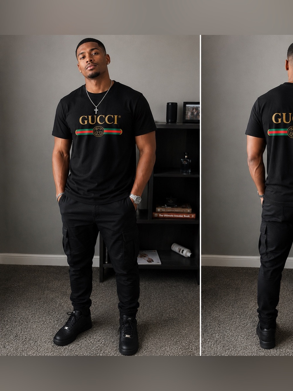 GUCCI Black Logo Tee with Green/Red Stripe